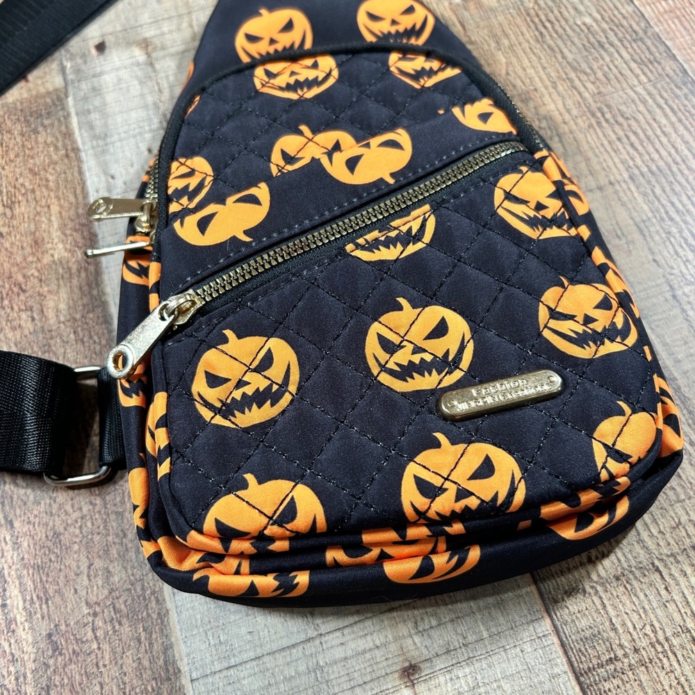 Halloween Pumpkin Black Orange Sling Bag Crossbody Backpack Travel Purse - Picture 2 of 5
